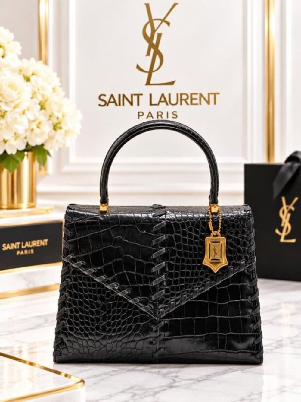 Authent Yves Saint Laurent YSL Croc Embossed Leather Vintage Top Handle Bag